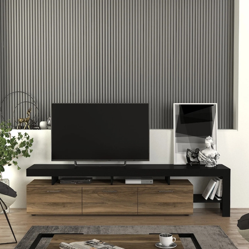 Acnes Megapap melamine tv stand in black - walnut color 220x40x52cm.