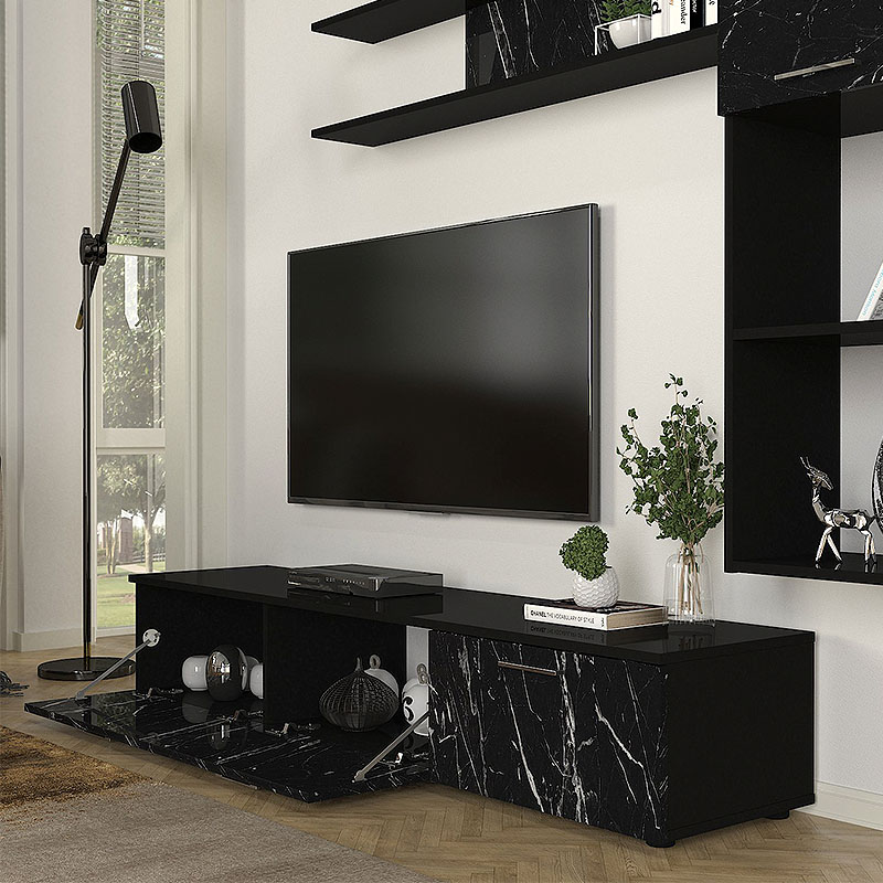 Darcy Megapap melamine TV unit in black - black marble effect color 180x40x33cm.