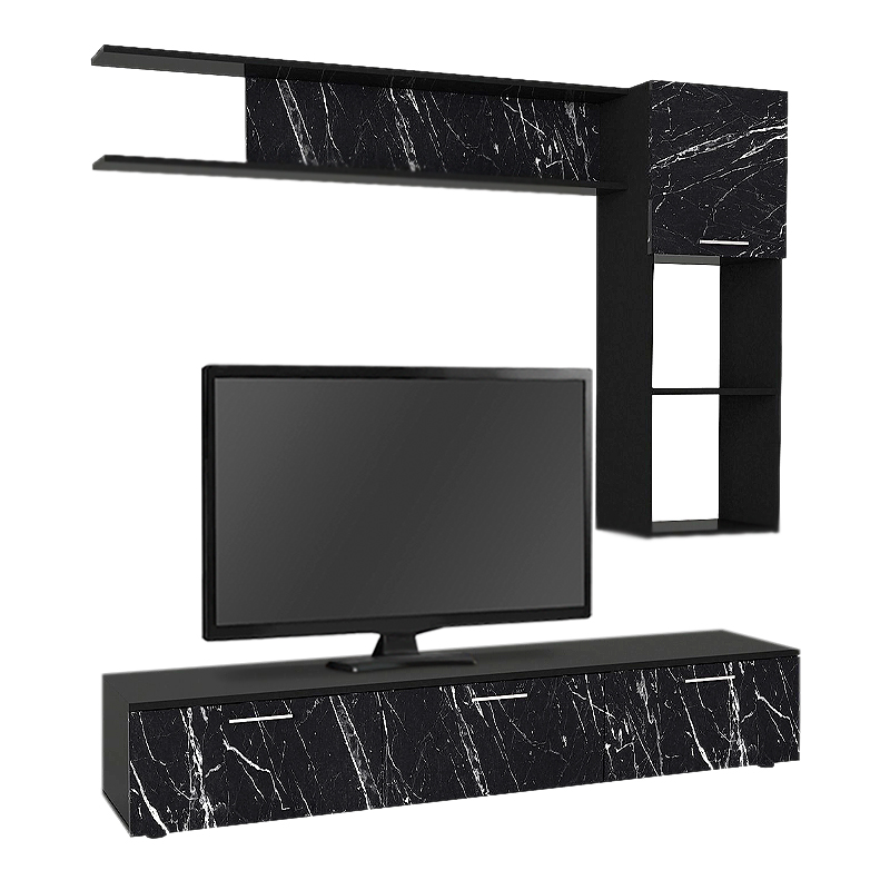 Darcy Megapap melamine TV unit in black - black marble effect color 180x40x33cm.