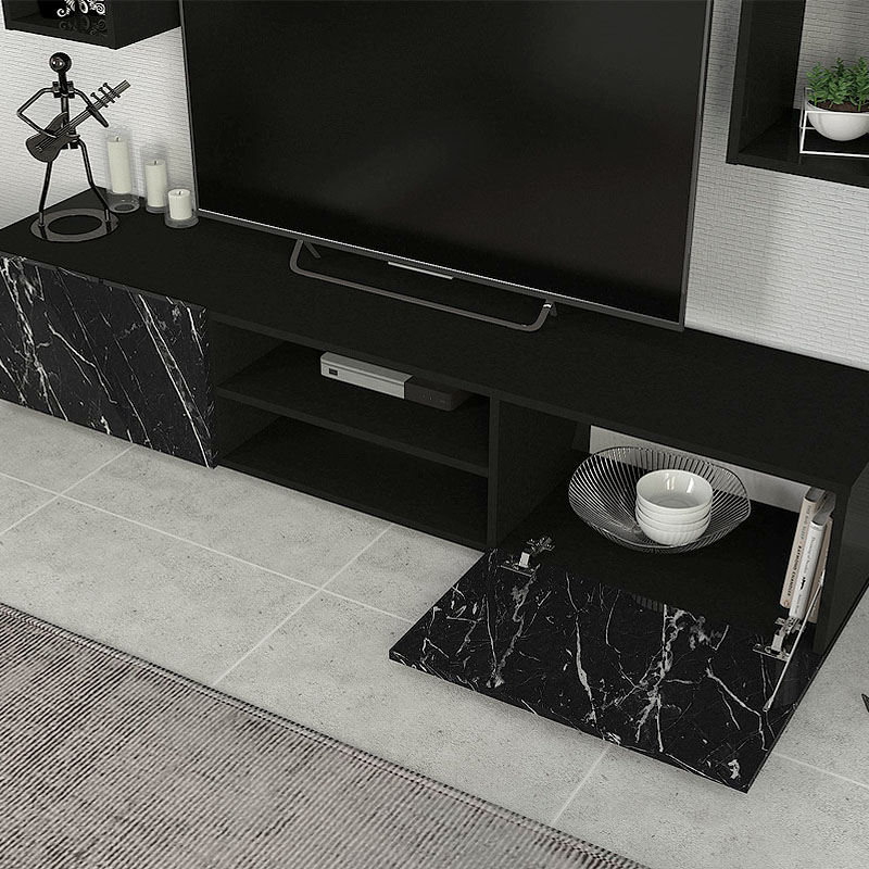 Duana Megapap melamine TV unit in black marble effect - black color 180x38x35,7cm.