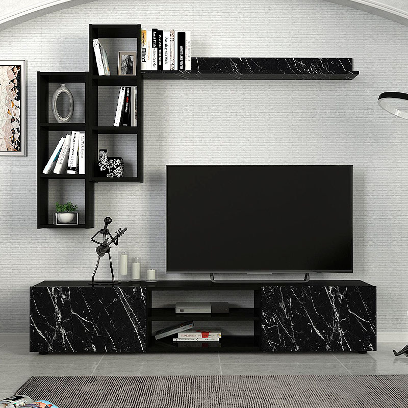 Duana Megapap melamine TV unit in black marble effect - black color 180x38x35,7cm.