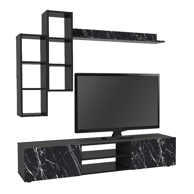 Duana Megapap melamine TV unit in black marble effect - black color 180x38x35,7cm.