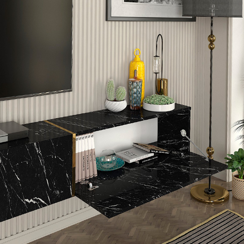 Figure Megapap melamine wall TV cabinet with LED lighting in black marble effect color 181,8x31.7x30cm.