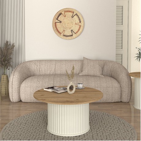 Τραπεζάκι σαλονιού Bohema Megapap χρώμα ivory - sepet oak Ø85x43,2εκ.
