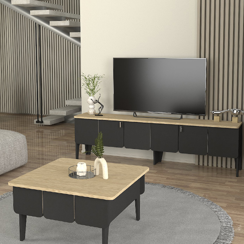 Pedro Megapap melamine coffee table in anthracite - rota oak color 73.2x73.2x38.6cm.