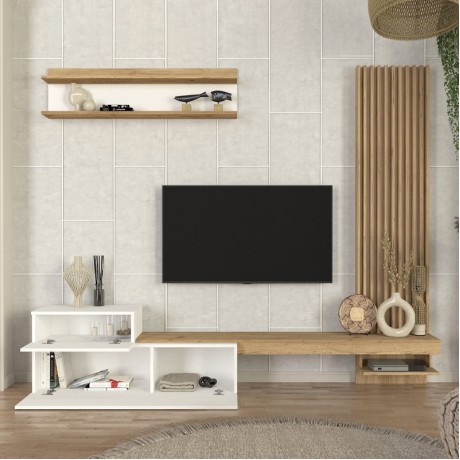 Dumont Megapap melamine tv unit in white - sepet oak color 240x36.8x200cm.