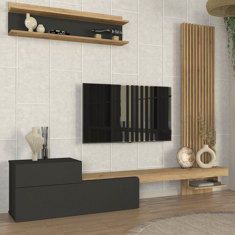 Dumont Megapap melamine tv unit in anthracite - sepet oak color 240x36.8x200cm.