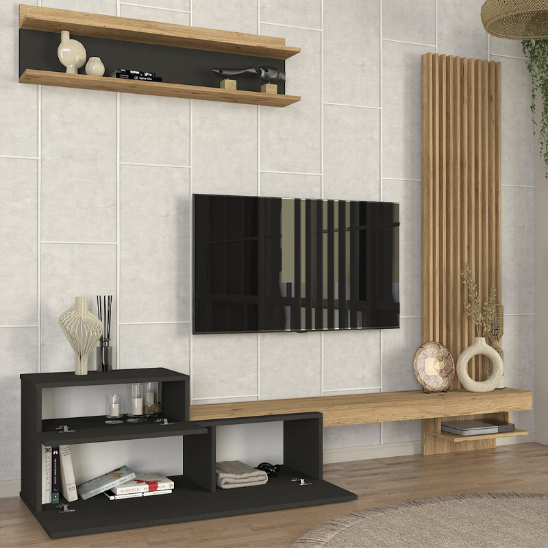Dumont Megapap melamine tv unit in anthracite - sepet oak color 240x36.8x200cm.