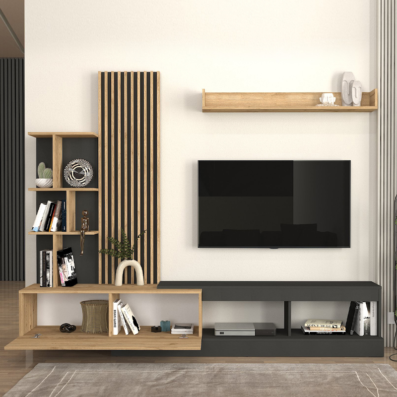 Vermont Megapap melamine tv unit in anthracite - sepet oak color 240x40x192cm.