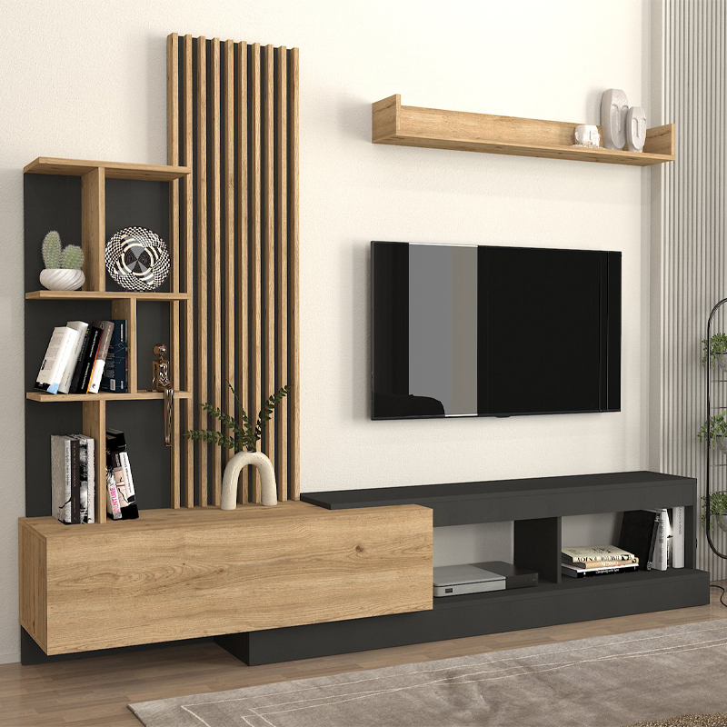 Vermont Megapap melamine tv unit in anthracite - sepet oak color 240x40x192cm.