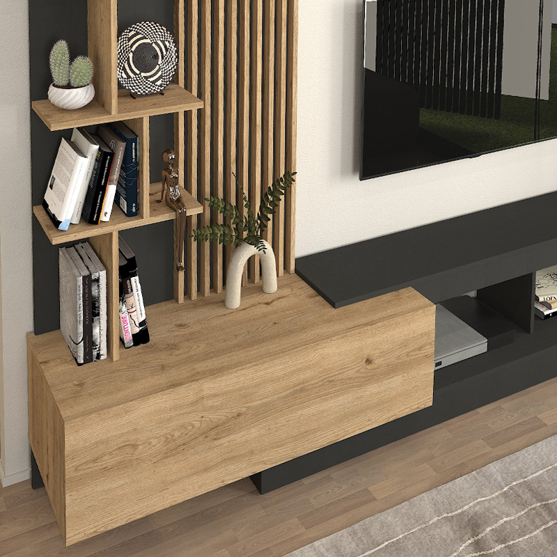 Vermont Megapap melamine tv unit in anthracite - sepet oak color 240x40x192cm.