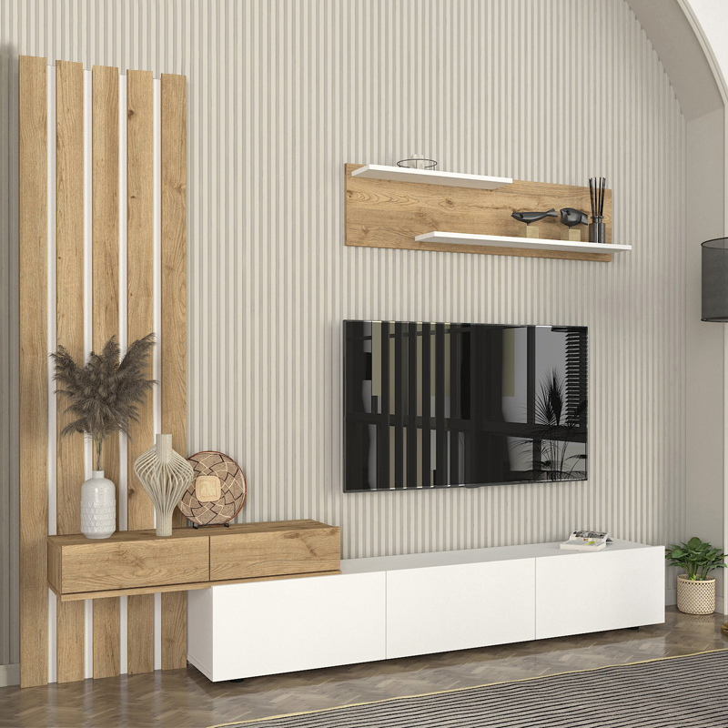 Rosaline Megapap melamine tv unit in white - sepet oak color 233x31.3x196.8cm.