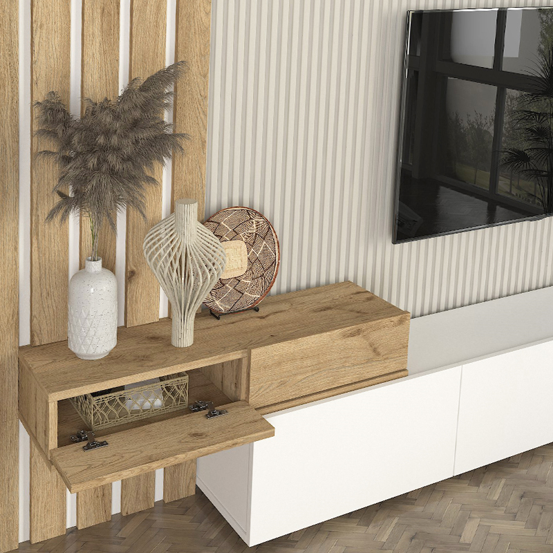 Rosaline Megapap melamine tv unit in white - sepet oak color 233x31.3x196.8cm.