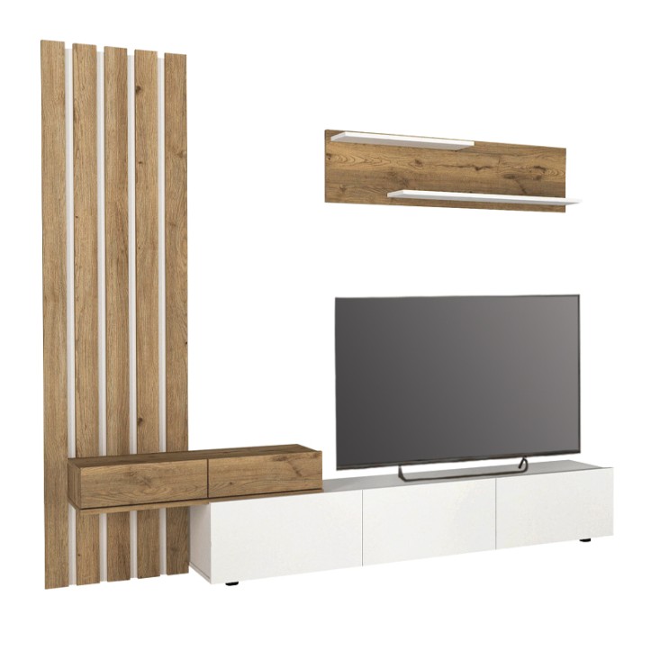 Rosaline Megapap melamine tv unit in white - sepet oak color 233x31.3x196.8cm.