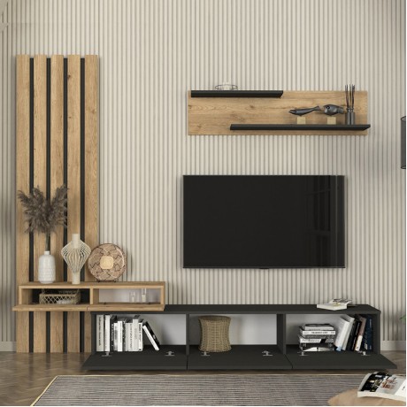 Σύνθεση τηλεόρασης Rosaline Megapap χρώμα ανθρακί - sepet oak 233x31,3x196,8εκ.