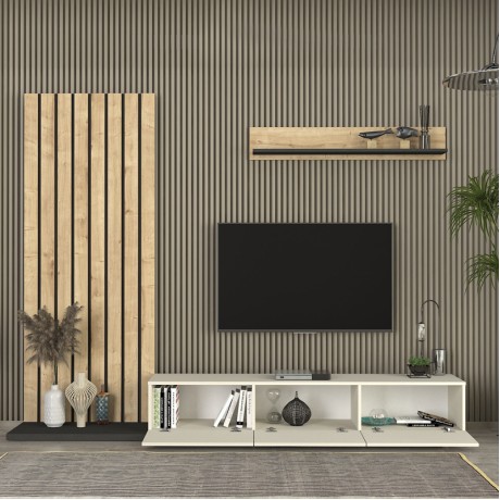 Nagini Megapap melamine tv unit in ivory - sapphire oak - anthracite color 260x39.4x203.6cm.