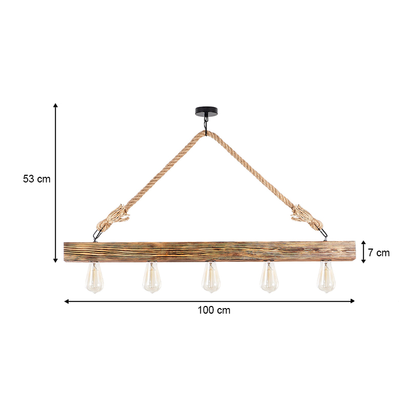 Erebos Megapap E27 wooden five lights ceiling lamp in natural color 100x7x53cm.