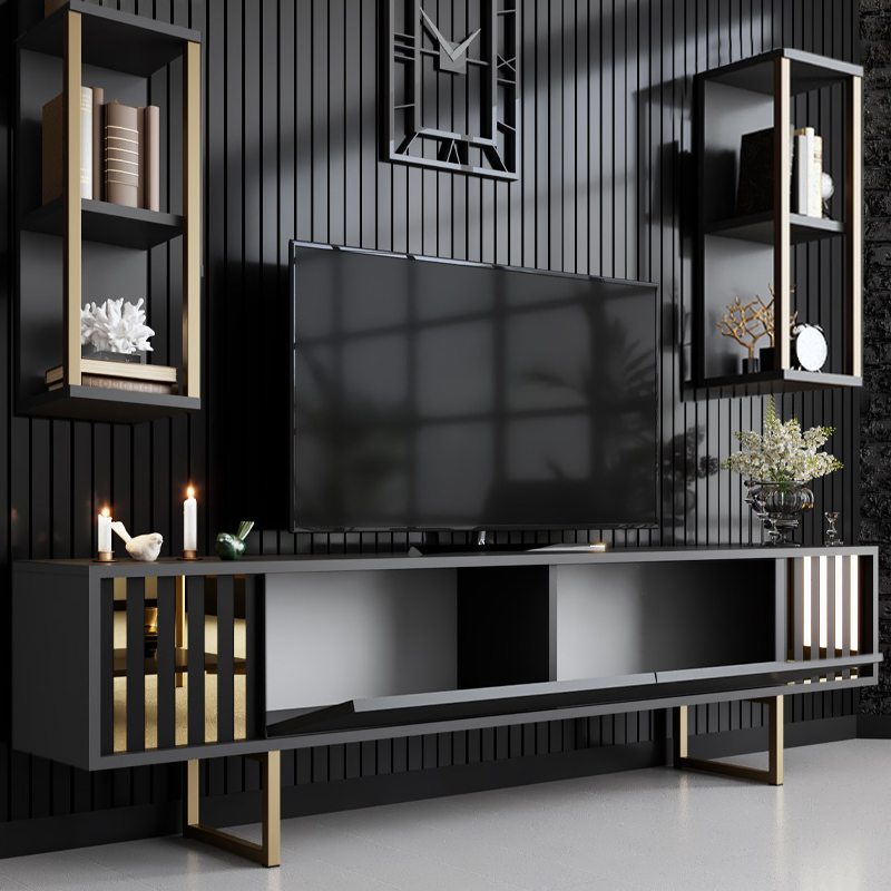 Goldline Megapap melamine tv unit in anthracite - gold color 180x30x48cm.