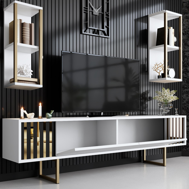 Goldline Megapap melamine tv unit in white - gold color 180x30x48cm.