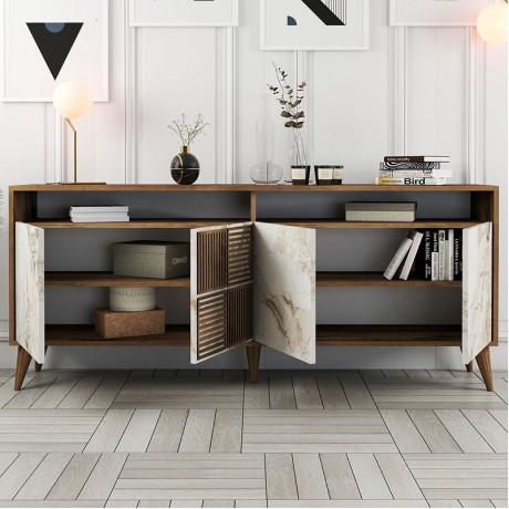 Milan Megapap melamine buffet in walnut - white marble effect color 180x35x78,6cm.
