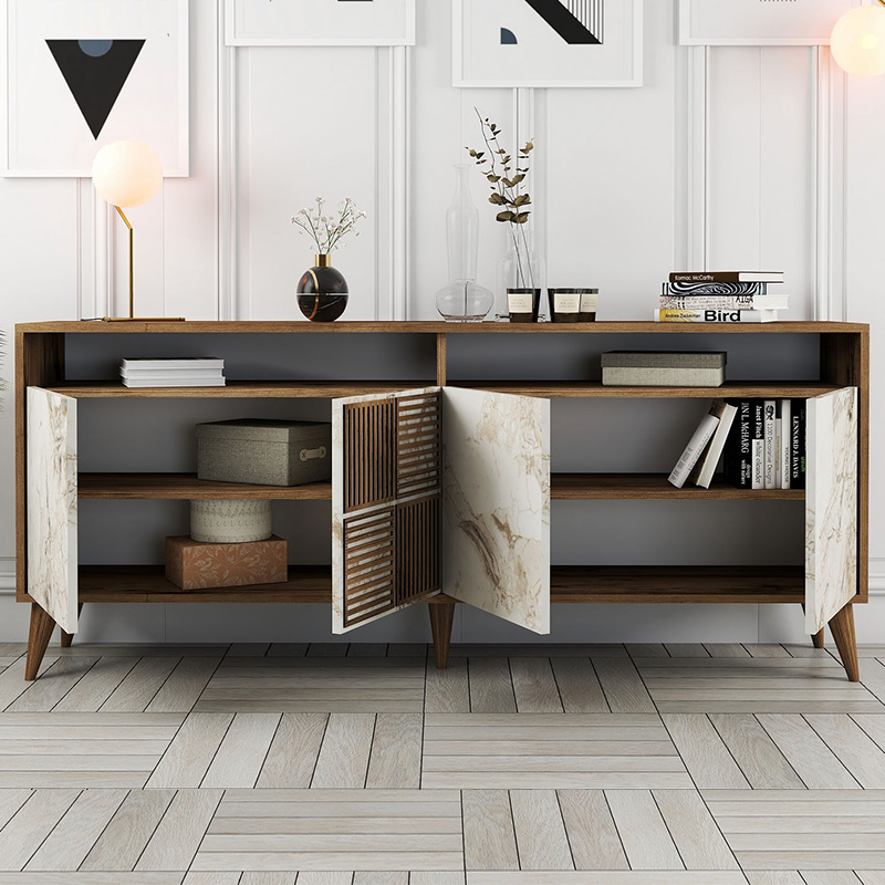 Milan Megapap melamine buffet in walnut - white marble effect color 180x35x78,6cm.