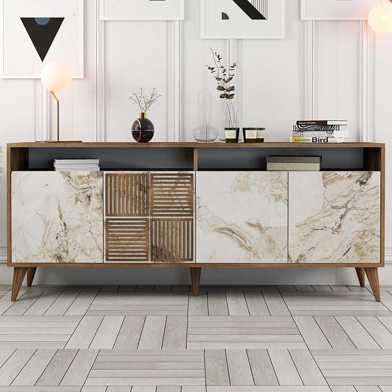 Milan Megapap melamine buffet in walnut - white marble effect color 180x35x78,6cm.