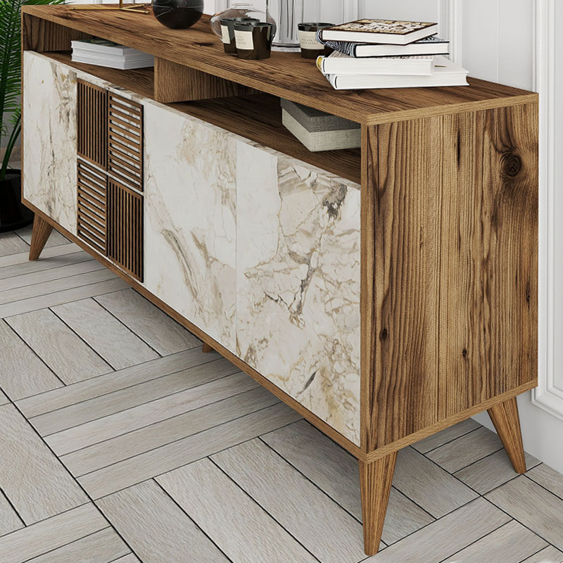Milan Megapap melamine buffet in walnut - white marble effect color 180x35x78,6cm.