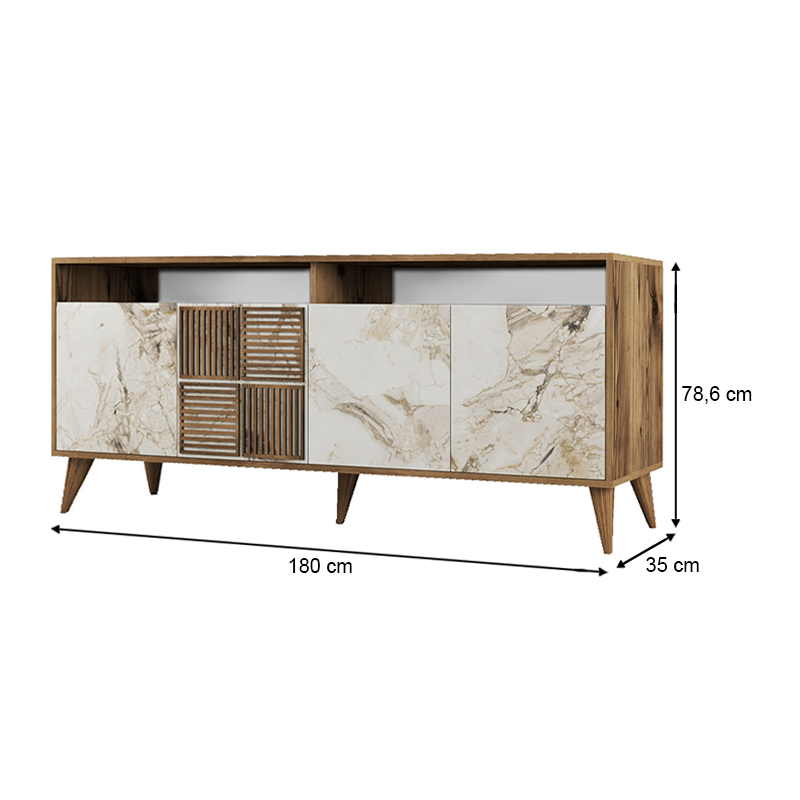 Milan Megapap melamine buffet in walnut - white marble effect color 180x35x78,6cm.