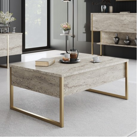 Luxe Megapap metal - melamine coffee table in travertine - gold color 90x60x40cm.
