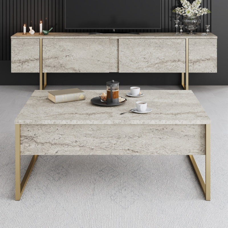 Luxe Megapap metal - melamine coffee table in travertine - gold color 90x60x40cm.
