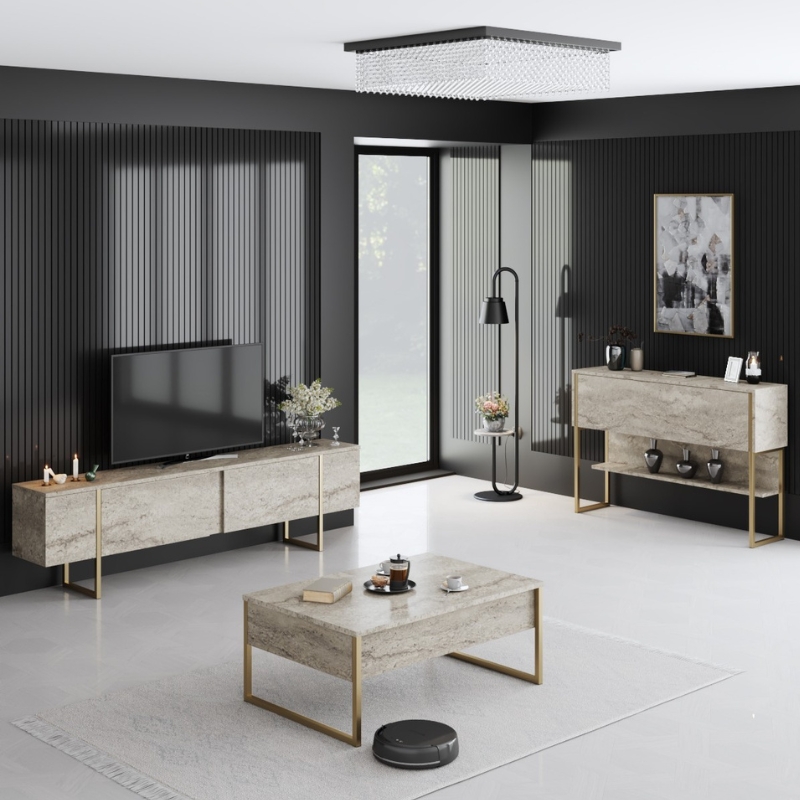 Luxe Megapap metal - melamine coffee table in travertine - gold color 90x60x40cm.