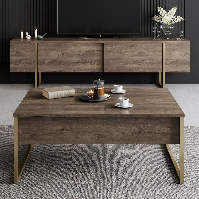 Luxe Megapap metal - melamine coffee table in walnut - gold color 90x60x40cm.