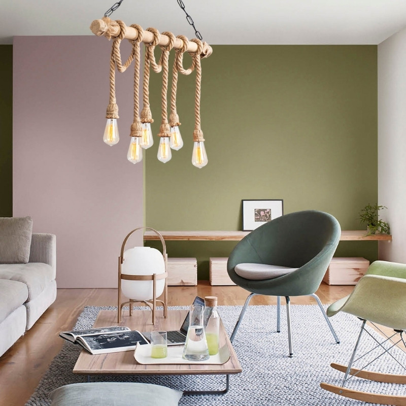 Giza Megapap E27 wooden six lights ceiling lamp in natural color 80x8x90cm.