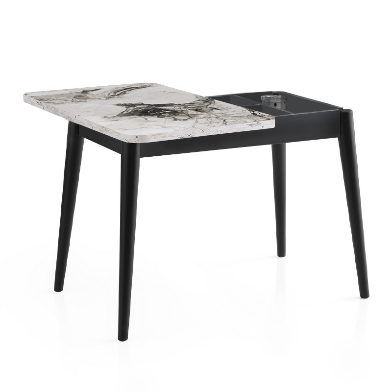 Dolunay Megapap melamine extendable table in white marble - black color 100x60(120x100)x79,5cm.