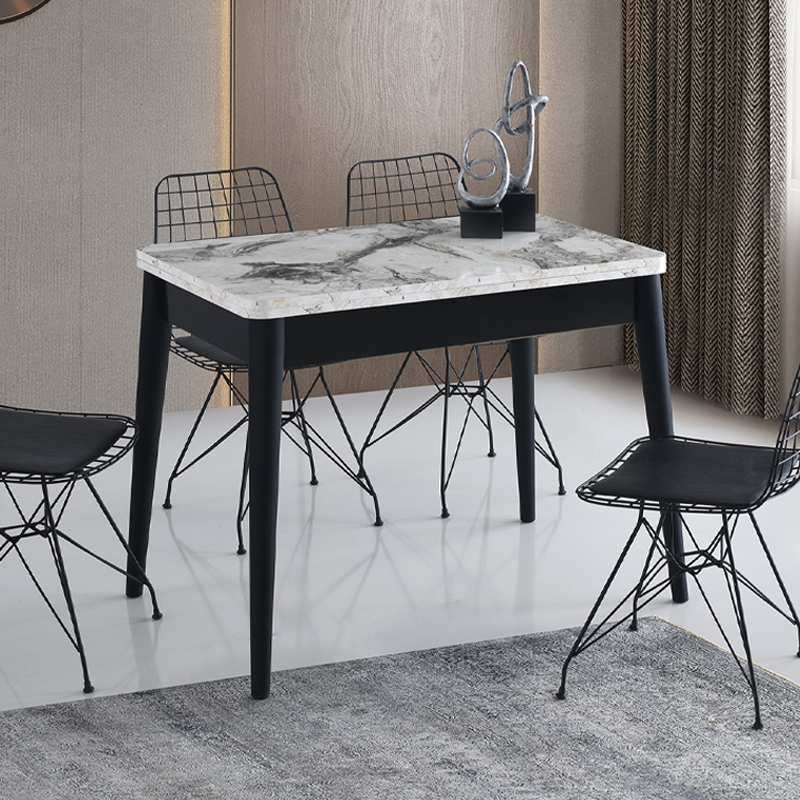 Dolunay Megapap melamine extendable table in white marble - black color 100x60(120x100)x79,5cm.