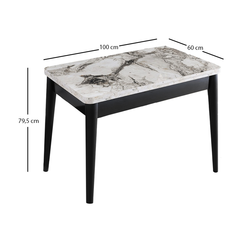 Dolunay Megapap melamine extendable table in white marble - black color 100x60(120x100)x79,5cm.
