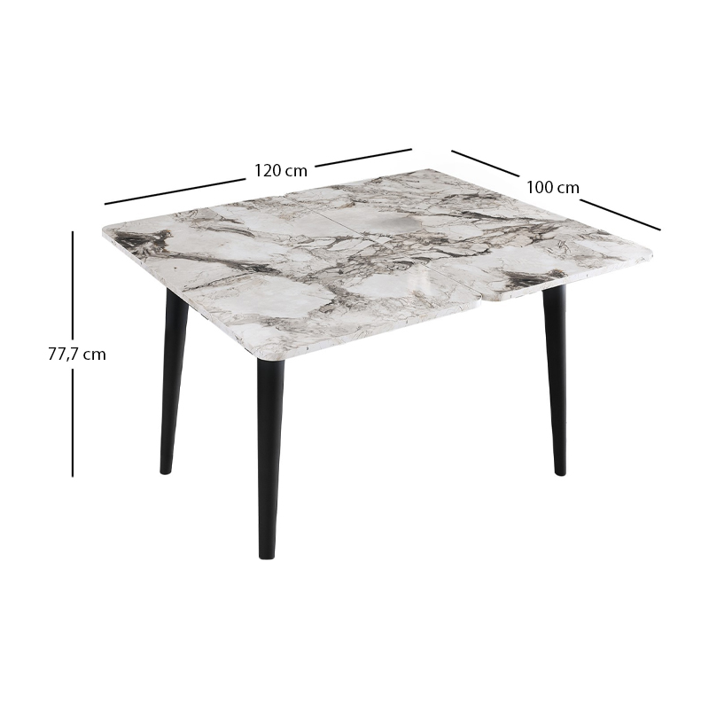 Dolunay Megapap melamine extendable table in white marble - black color 100x60(120x100)x79,5cm.