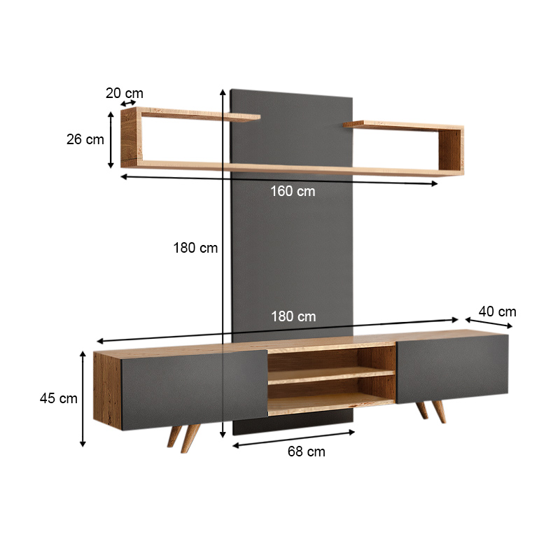 Giacomo Megapap TV Unit in sapphire oak - anthracite color 180x40x45cm.
