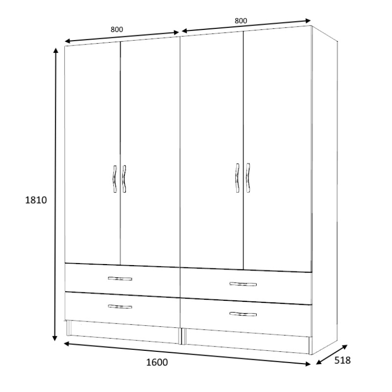 Ricardo Megapap four doors melamine wardrobe in white color 160x51,8x181cm.