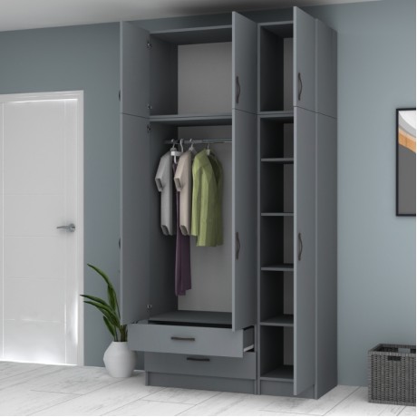 Ricardo Megapap three doors melamine wardrobe with cabinet in anthracite color 120x51,8x240cm.