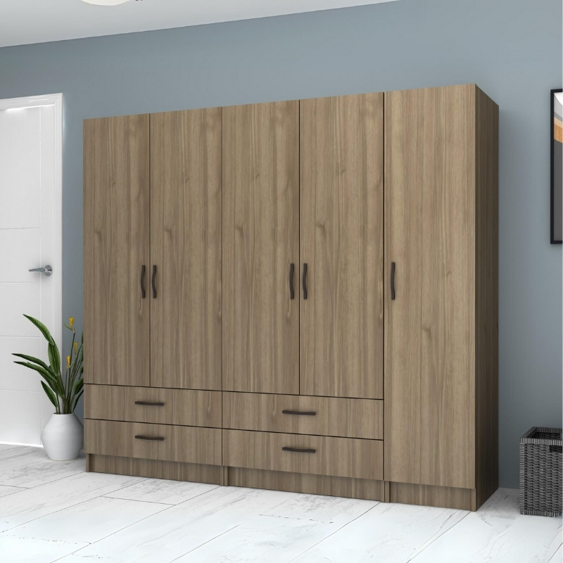 Ricardo Megapap five doors melamine wardrobe in walnut color 200x51,8x181cm.