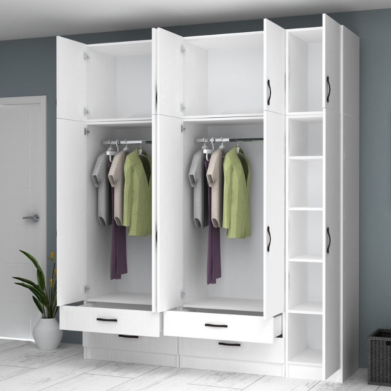 Ricardo Megapap five doors melamine wardrobe with cabinet in white color 200x51,8x240cm.