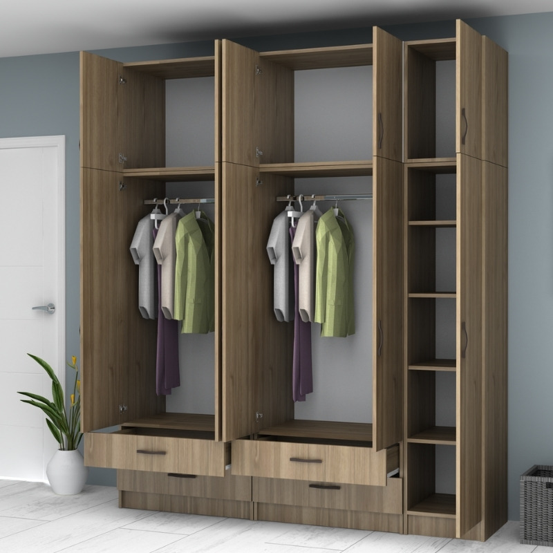 Ricardo Megapap five doors melamine wardrobe with cabinet in walnut color 200x51,8x240cm.