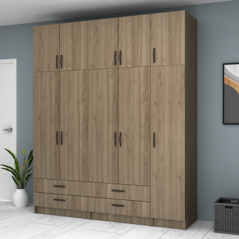 Ricardo Megapap five doors melamine wardrobe with cabinet in walnut color 200x51,8x240cm.