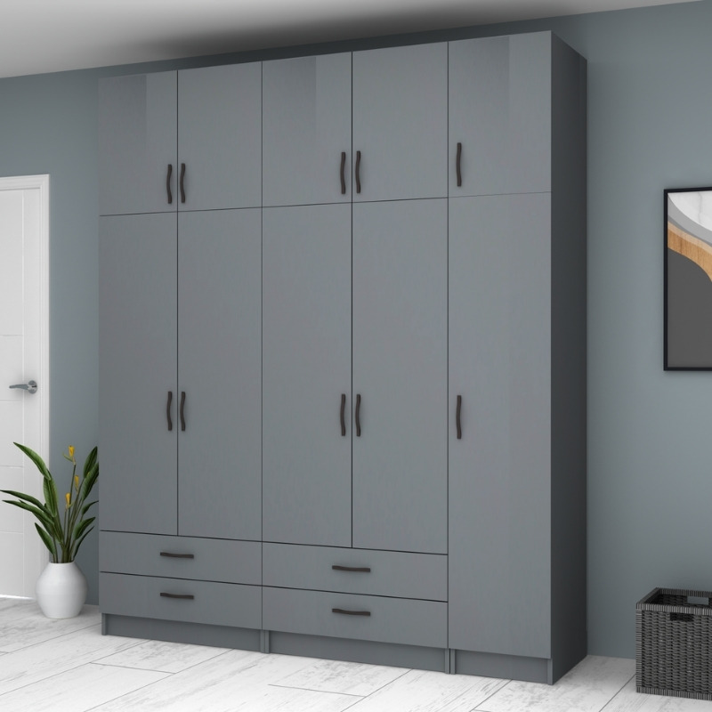 Ricardo Megapap five doors melamine wardrobe with cabinet in anthracite color 200x51,8x240cm.