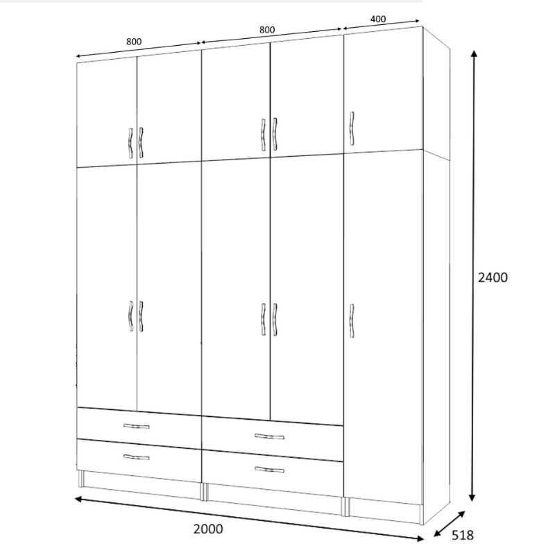 Ricardo Megapap five doors melamine wardrobe with cabinet in anthracite color 200x51,8x240cm.