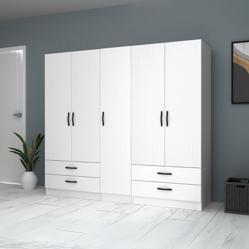 Ricardo Megapap five doors melamine wardrobe in white color 200x51,8x181cm.