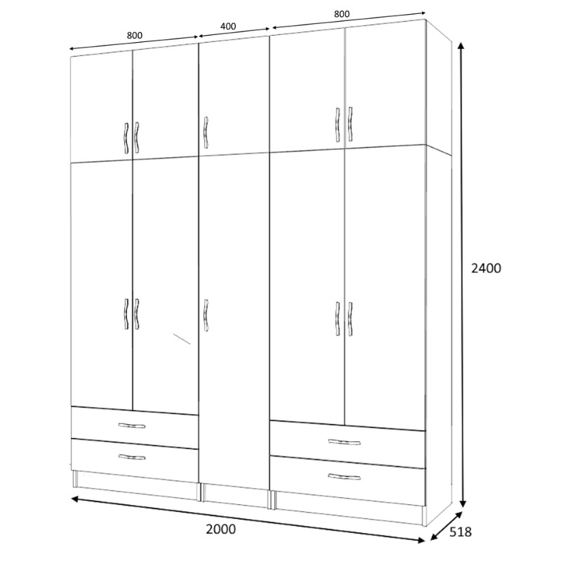 Ricardo Megapap five doors melamine wardrobe with cabinet in oak color 200x51,8x240cm.