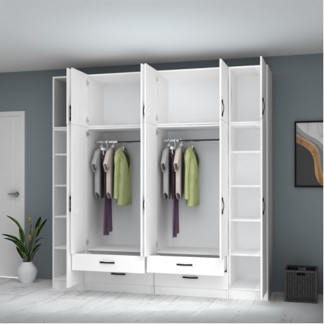 Ricardo Megapap six doors melamine wardrobe with cabinet  in white color 240x51,8x240cm.