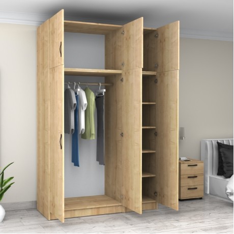 Victoria Megapap three doors melamine wardrobe with cabinet in oak color 150x60x240cm.